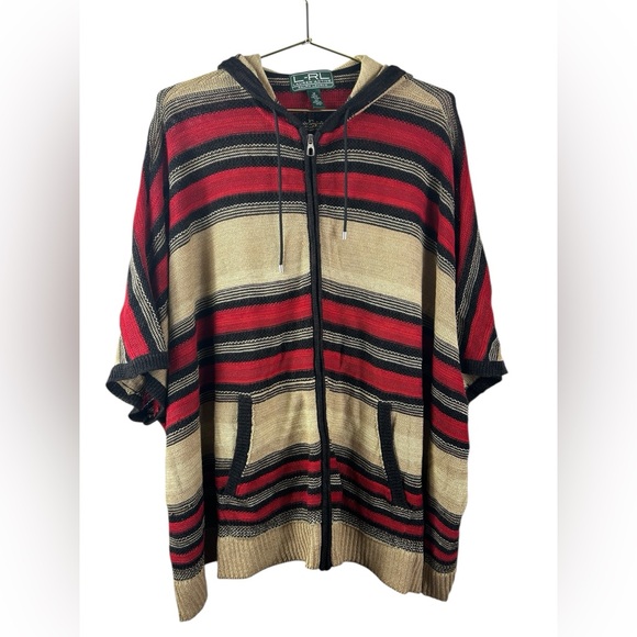 Lauren Ralph Lauren Sweaters - Lauren Ralph Lauren Active red, black, and tan striped hooded knit poncho